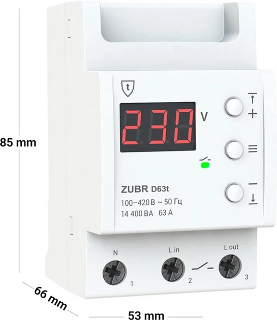 Реле напруги ZUBR D63t, 1ф, 63А, 1н.о, вольтметр, мін. напр., макс. напр, термозахист (ZUBR D63t) - Фото 5 Реле напруги ZUBR D63t, 1ф, 63А, 1н.о, вольтметр, мін. напр., макс. напр, термозахист (ZUBR D63t) - зображення 5