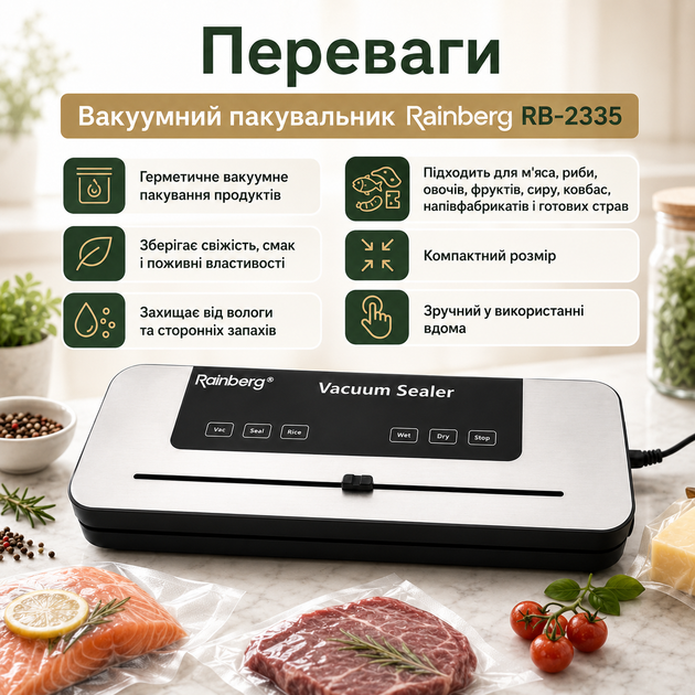 Вакуумный упаковщик Rainberg RB-2335 для герметичного хранения продуктов, вакууматор с функцией запайки, для мяса, рыбы, овощей, фруктов, сыра, колбас, полуфабрикатов, готовых блюд, ширина шва до 30 см, мощность 90–120 Вт, черный - Фото 3 Вакуумный упаковщик Rainberg RB-2335 для герметичного хранения продуктов, вакууматор с функцией запайки, для мяса, рыбы, овощей, фруктов, сыра, колбас, полуфабрикатов, готовых блюд, ширина шва до 30 см, мощность 90–120 Вт, черный - изображение 3