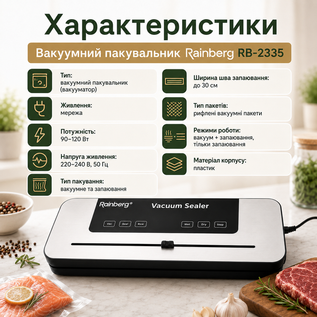 Вакуумный упаковщик Rainberg RB-2335 для герметичного хранения продуктов, вакууматор с функцией запайки, для мяса, рыбы, овощей, фруктов, сыра, колбас, полуфабрикатов, готовых блюд, ширина шва до 30 см, мощность 90–120 Вт, черный - Фото 5 Вакуумный упаковщик Rainberg RB-2335 для герметичного хранения продуктов, вакууматор с функцией запайки, для мяса, рыбы, овощей, фруктов, сыра, колбас, полуфабрикатов, готовых блюд, ширина шва до 30 см, мощность 90–120 Вт, черный - изображение 5