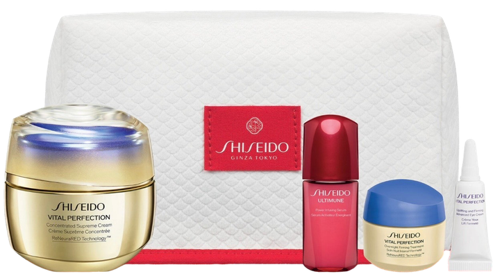 Zestaw do pielęgnacji twarzy Shiseido Vital Perfection Supreme Krem 50 ml + Serum 10 ml + Krem na noc 15 ml + Krem pod oczy 3 ml + kosmetyczka (3423222147464) - obraz 2