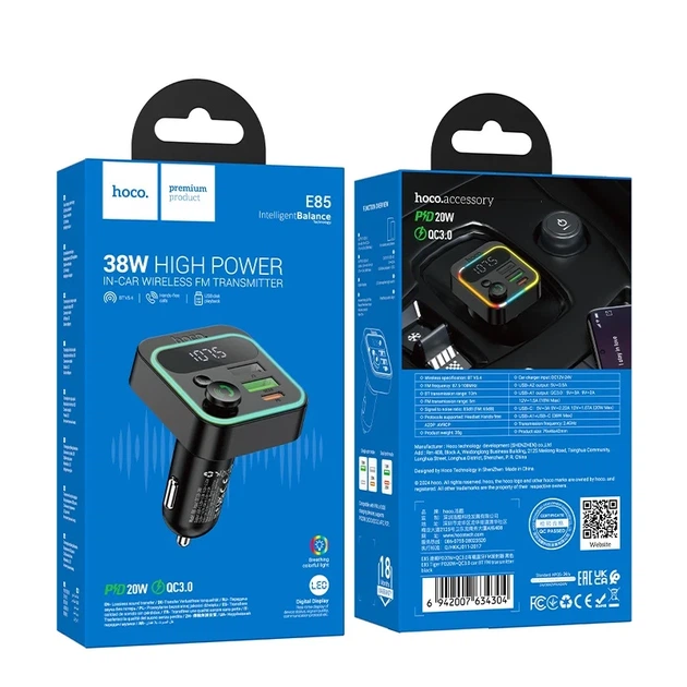 FM-трансмітер HOCO E85 Tiger Bluetooth 5.4 38W 3 USB порти Чорний - зображення 2