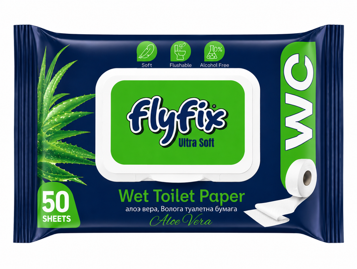 Вологий туалетний папір з клапаном Flyfix Ultra Soft з алое вера, 50 шт. - Фото 1 Вологий туалетний папір з клапаном Flyfix Ultra Soft з алое вера, 50 шт. - зображення 1