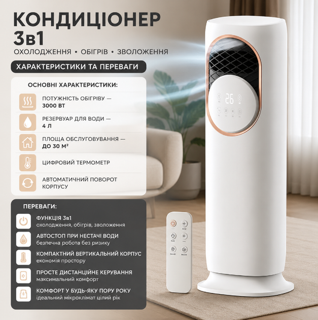 Напольный кондиционер DOMOTEC MS 1630 3в1 для охлаждения обогрева и увлажнения воздуха 3000 Вт бак 4 л с пультом дистанционного управления - Фото 3 Напольный кондиционер DOMOTEC MS 1630 3в1 для охлаждения обогрева и увлажнения воздуха 3000 Вт бак 4 л с пультом дистанционного управления - изображение 3