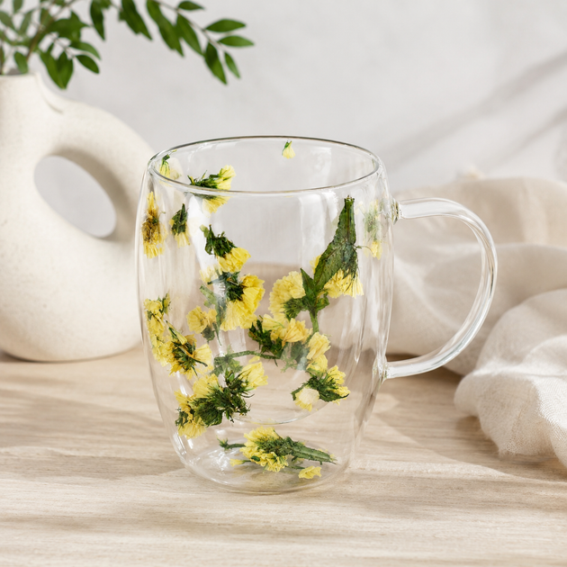 Красивая чашка с двойным дном 300 мл Dry flowers стеклянная чашка для чая и кофе с сухоцветами кружка на подарок Прозрачный - изображение 2