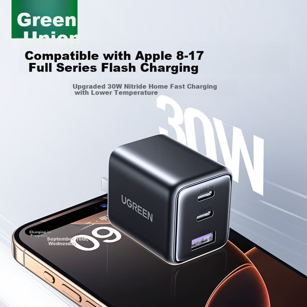 Зарядное устройство UGREEN GaN 30 Вт трехпортовое USB и Type-C для iPhone 15-17 Pro Max, Huawei и часов - Фото 2 Зарядное устройство UGREEN GaN 30 Вт трехпортовое USB и Type-C для iPhone 15-17 Pro Max, Huawei и часов - изображение 2