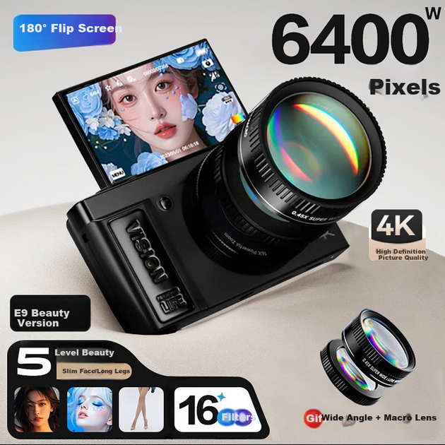 Фотокамера Aigo D9PRO/E9PRO цифровая с откидным экраном и широкоугольным объективом, черная, 32 ГБ - изображение 4