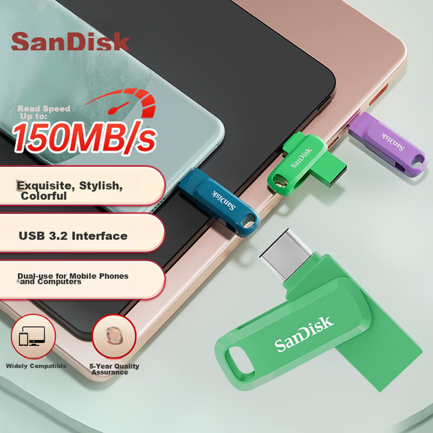 Мобільний флеш-накопичувач SanDisk 64 ГБ Type-C USB 3.2 DDC3 зеленого кольору, швидкість читання до 300 МБ/с, автоматичне резервне копіювання, подвійне використання для телефону та комп'ютера, флеш-накопичувач великої ємності з двома інтерфейсами - Фото 4 Мобільний флеш-накопичувач SanDisk 64 ГБ Type-C USB 3.2 DDC3 зеленого кольору, швидкість читання до 300 МБ/с, автоматичне резервне копіювання, подвійне використання для телефону та комп'ютера, флеш-накопичувач великої ємності з двома інтерфейсами - зображення 4