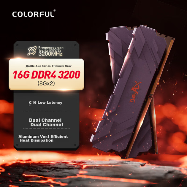 Модули памяти Colorful Zhankui DDR4 3200, 16 ГБ (2x8 ГБ), с радиатором, для настольных ПК и рабочих станций, титаново-серые, CL16 - изображение 4
