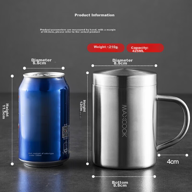 Чашка для води MAXCOOK 304 з нержавіючої сталі з кришкою, двошарова кружка для офісу, заварювання та пиття чаю, домашнє використання, 400 мл - изображение 6