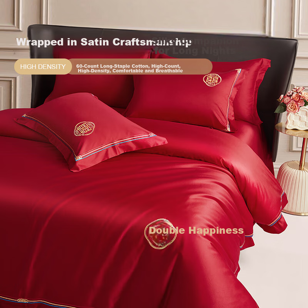 Комплект постельного белья BEYOND свадебный из 4 предметов, длинноволокнистый хлопок 60 нитей с вышивкой, красный, для кровати 1.8 м - изображение 2