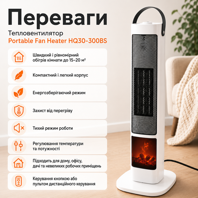 Портативный тепловентилятор Portable Fan Heater HQ30-300BS для обогрева комнаты до 20 м², электрический керамический обогреватель с режимом вентилятора, сенсорным управлением, пультом дистанционного управления, защитой от перегрева, регулировкой температу - Фото 3 Портативный тепловентилятор Portable Fan Heater HQ30-300BS для обогрева комнаты до 20 м², электрический керамический обогреватель с режимом вентилятора, сенсорным управлением, пультом дистанционного управления, защитой от перегрева, регулировкой температу - изображение 3