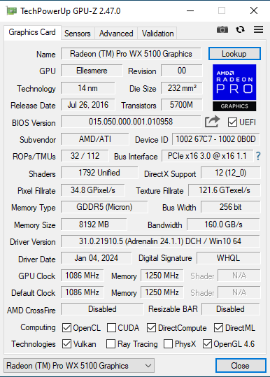 Дискретная видеокарта AMD Radeon Pro WX 5100, 8 GB GDDR5, 256-bit / 4x DisplayPort б/у - Фото 5 Дискретная видеокарта AMD Radeon Pro WX 5100, 8 GB GDDR5, 256-bit / 4x DisplayPort б/у - изображение 5
