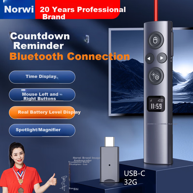 Nuowei Bluetooth лазерний PPT пульт дистанційного керування цифровий фізичний подвійний лазер з 32 ГБ пам'яті бездротовий вказівник для презентацій світлодіодний РК-екран Seewo біла дошка червоного світла N95s BLE USB-C - зображення 4