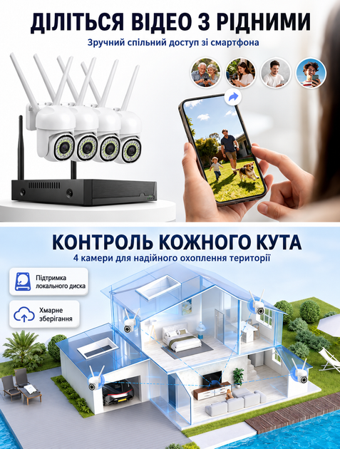 Комплект видеонаблюдения беспроводной Wi-Fi 5G 4 поворотные камеры с регистратором для дома и улицы 1080p ночное видение удаленный доступ - изображение 6
