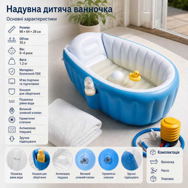 Детская надувная ванна для купания ребенка с рождения с минимальным весом с насосом мягким дном - изображение 10