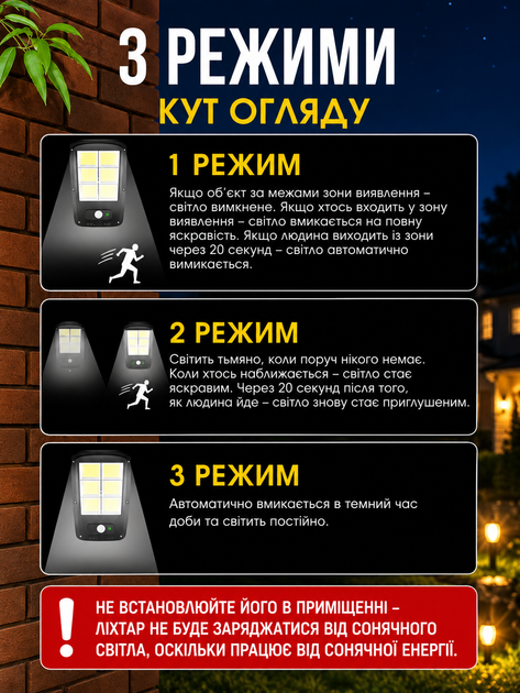 Беспроводной уличный фонарь светильник на солнечной батарее аккумуляторный наружный прожектор с датчиком движения и пультом дистанционного управления для установки на столб или стену аккумуляторная лампа - изображение 6