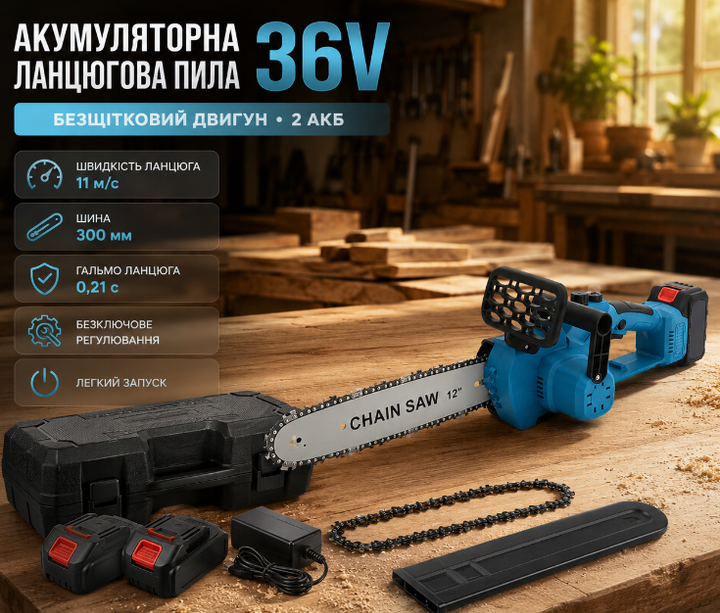 Аккумуляторная пила 36V 5Ah с двумя аккумуляторами безщеточным двигателем шиной 300 мм автоматической смазкой и безключевым натяжением цепи - Фото 1 Аккумуляторная пила 36V 5Ah с двумя аккумуляторами безщеточным двигателем шиной 300 мм автоматической смазкой и безключевым натяжением цепи - изображение 1
