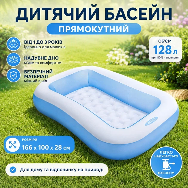 Дитячий надувний басейн Intex 57403 прямокутний з надувним дном, 166×100×28 см, 128 л, блакитний - зображення 2