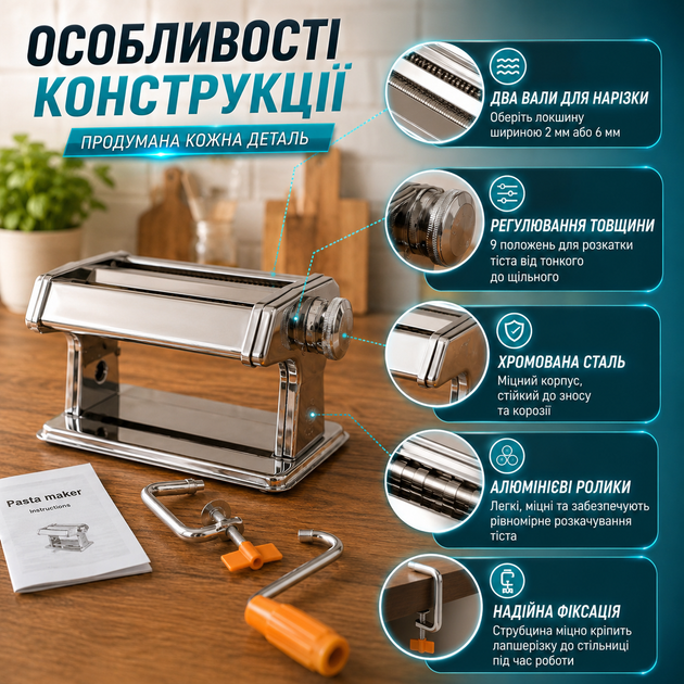 Ручная машинка для нарезки лапши, машинка для приготовления пасты и раскатки теста, механическое устройство для приготовления домашней лапши, лазаньи, фетучини, спагетти, регулировка толщины теста, 2 режима нарезки, настольное крепление, нержавеющая сталь - изображение 3