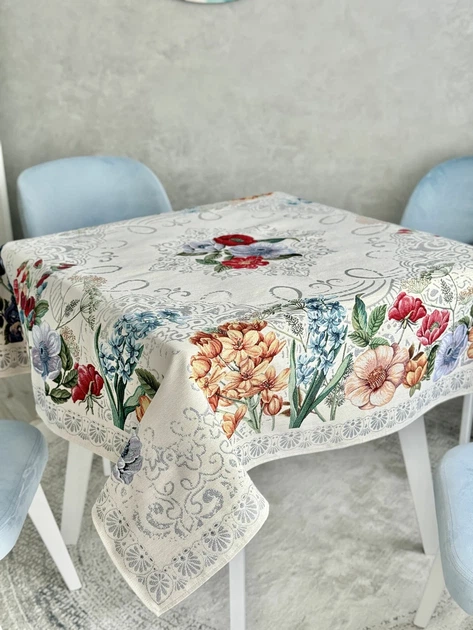 Скатерть гобеленовая MANDALAS FLOWERS 137х137 см 40% полиэстер 60% хлопок серый - изображение 4