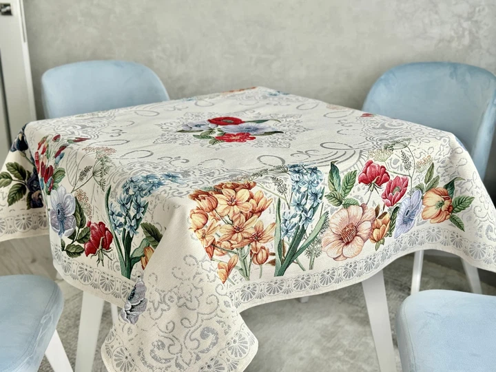 Скатерть гобеленовая MANDALAS FLOWERS 137х137 см 40% полиэстер 60% хлопок серый - изображение 9