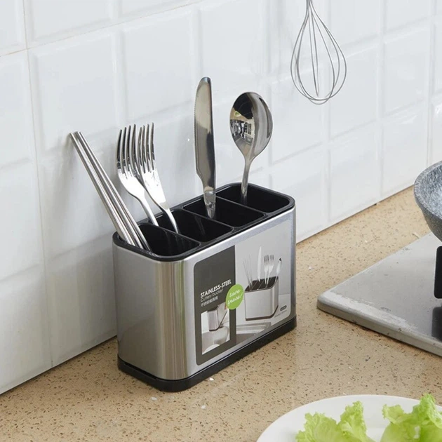 Кухонный органайзер Stainless Steel 4 секции для ложек вилок ножей сушилка компактная кухня - изображение 2