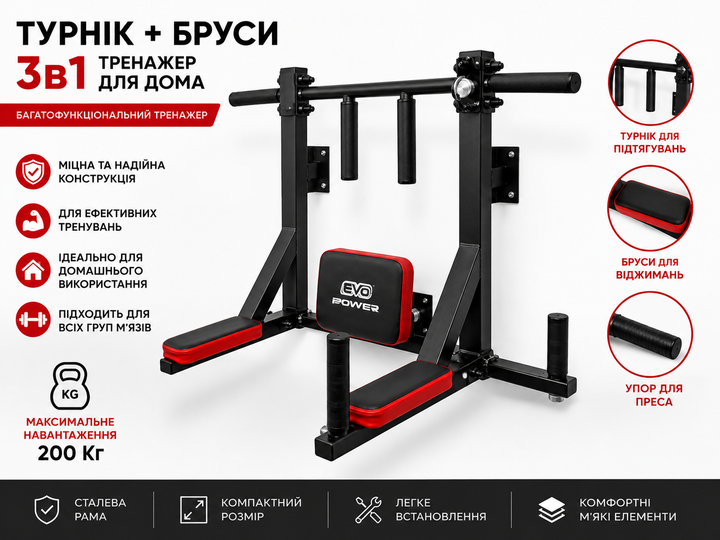 Турнік-бруси 3 в 1 настінний для дому, металевий, зі спинкою та підлокітниками, чорний - зображення 2