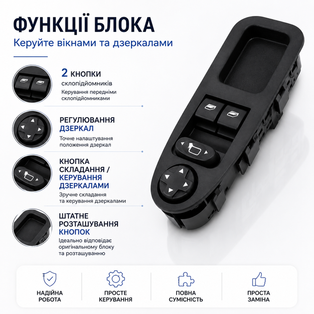 Кнопка склопідйомника Citroen Jumpy Fiat Scudo Peugeot Expert чорна блок керування вікнами 2007-2016 - изображение 4