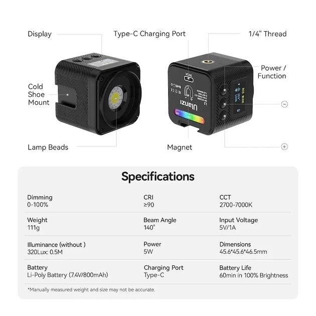 Видеосвет Ulanzi Vijim L3 RGB 5W LED 45,6x45,6x46,5 мм Пластик - изображение 13