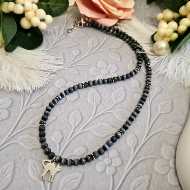 Коротке кольє з підвіскою кішечка штучне сіре котяче око - Фото 3 Коротке кольє з підвіскою кішечка штучне сіре котяче око - зображення 3