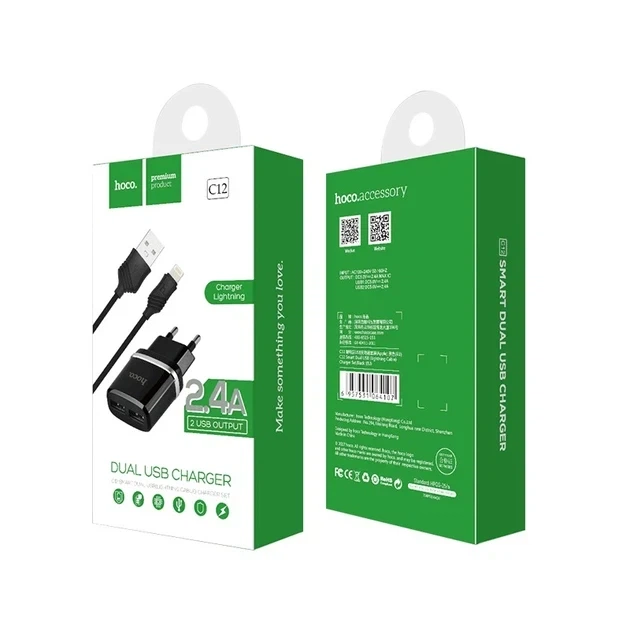 Сетевое зарядное устройство HOCO C12 2USB 2.4A, Lightning 1м black - изображение 2