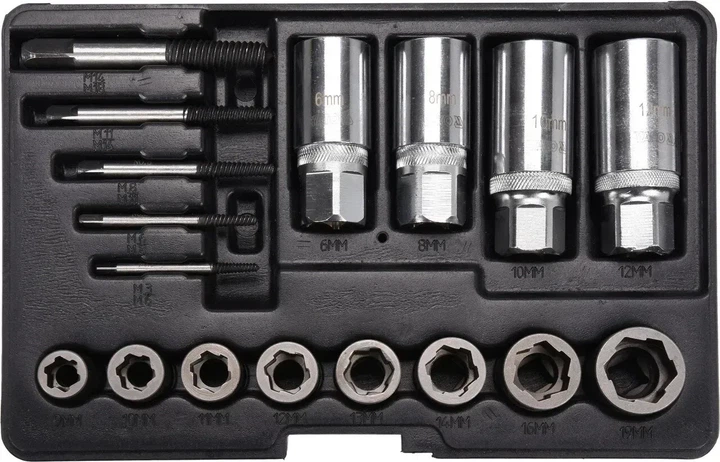 Набір екстракторів YATO квадрат 1/2" і 3/8" Cr-V Cr-Mo для видалення зламаних гвинтів 17 предметів YT-06033 - Фото 1 Набір екстракторів YATO квадрат 1/2" і 3/8" Cr-V Cr-Mo для видалення зламаних гвинтів 17 предметів YT-06033 - зображення 1