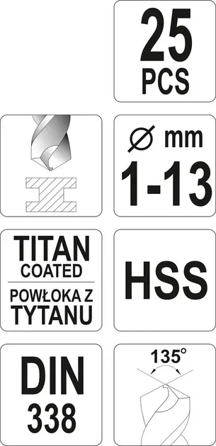 Набор сверл по металлу титановыxYATO HSS-TIN 1-13 мм 25 шт YT-44676 - изображение 4