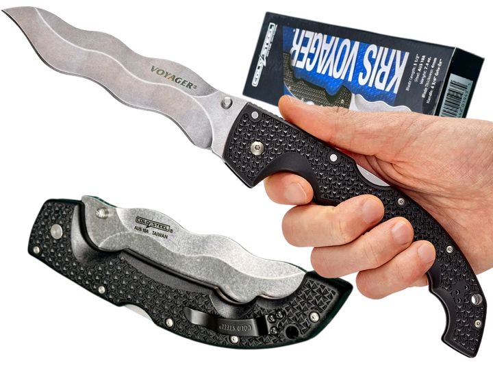 Ніж складаний Cold Steel Voyager Kris, лезо Plain Stonewashed AUS-10A, руківя Black Griv-Ex, Тайвань, CS-29AXW - изображение 2