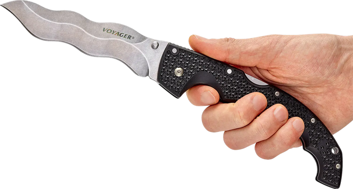 Ніж складаний Cold Steel Voyager Kris, лезо Plain Stonewashed AUS-10A, руківя Black Griv-Ex, Тайвань, CS-29AXW - изображение 5