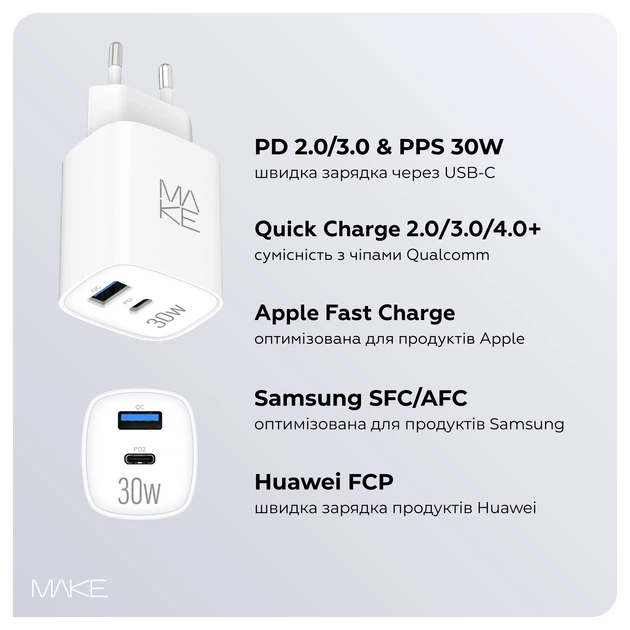 Зарядний пристрій мережевий Make 30W GaN3 Type-C PD3.0 + USB QC4.0 White (MCW-3021GWH) - зображення 6