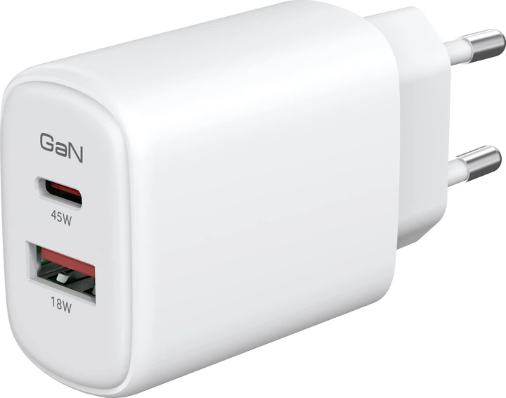 Мережевий зарядний пристрій ArmorStandart Poweraze 45W GaN Type-C + USB-A White (ARM90431) - Фото 2 Мережевий зарядний пристрій ArmorStandart Poweraze 45W GaN Type-C + USB-A White (ARM90431) - зображення 2