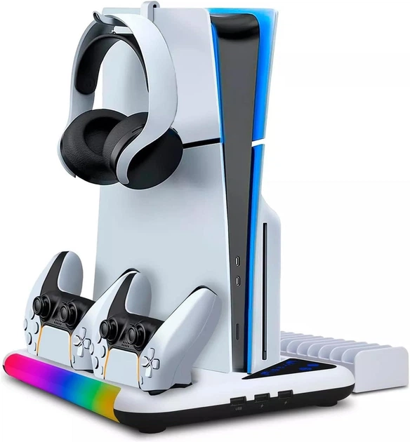 Подставка для PS5 охлаждающая зарядная станция 2 контроллера RGB вентилятор 3 USB порта держатель консоли и аксессуаров - Фото 2 Подставка для PS5 охлаждающая зарядная станция 2 контроллера RGB вентилятор 3 USB порта держатель консоли и аксессуаров - изображение 2
