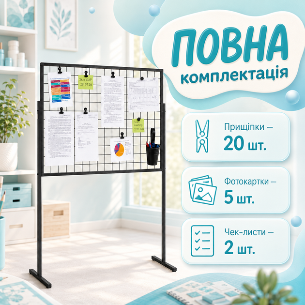 Чорний мудборд органайзер для нотаток на ніжках 150×100 см 5 фотокарток 20 прищіпок 2 чеклиста для організації та бізнесу - зображення 3