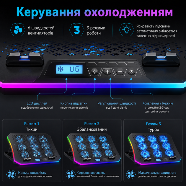 Охолоджуюча підставка для ноутбука з 9 вентиляторами, RGB-підсвіткою та LCD-дисплеєм - зображення 4