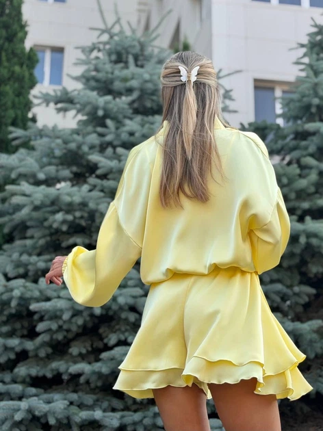 Жіночий шовковий костюм (бомбер+топ+шорти) Uaclothes 42-44 Жовтий (like38869-193051349) - изображение 4
