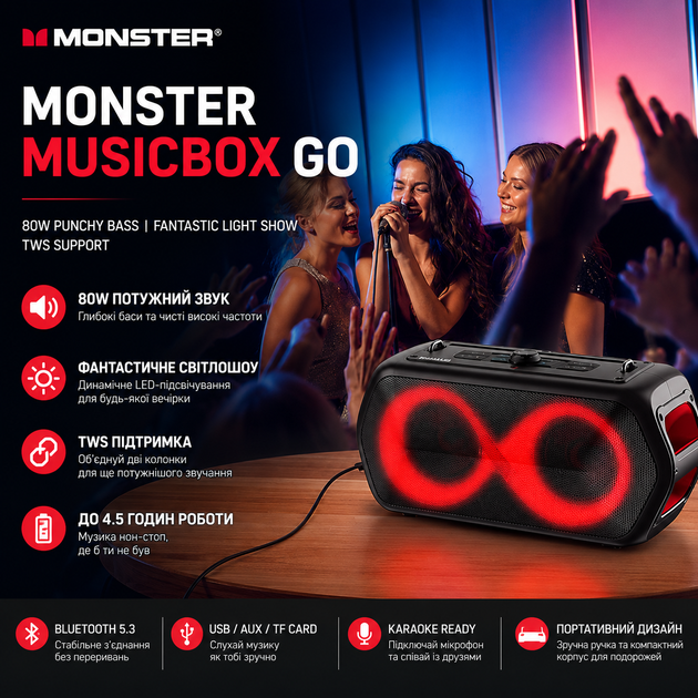 Портативная Bluetooth колонка MONSTER Go M176 80W беспроводная акустика для отдыха дома путешествий природы и заведений мощный звук Блютуз USB TF FM радио длительное время работы совместима с Android iPhone планшетами и ноутбуками - изображение 4
