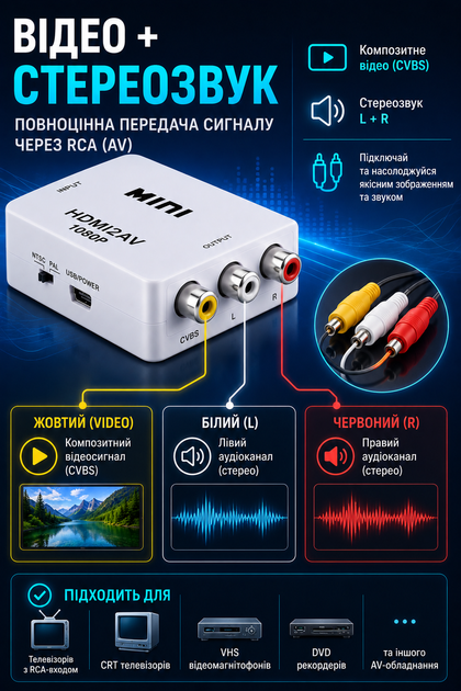 Конвертер HDMI в AV RCA 720P/1080P переходник для телевизора белый - изображение 8