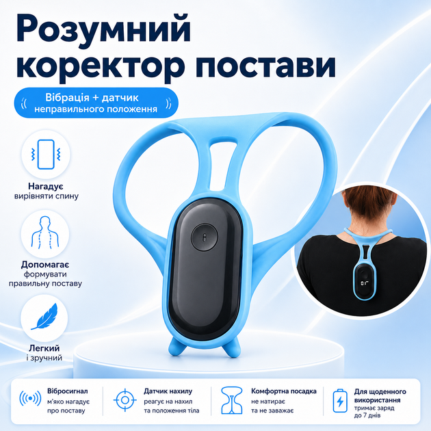 Коригувальний коректор для спини від сутулості Posture training device USB КОРЕКТОР СПИНИ Корсет для хребта Синій - зображення 2