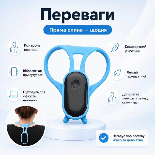 Коригувальний коректор для спини від сутулості Posture training device USB КОРЕКТОР СПИНИ Корсет для хребта Синій - зображення 6