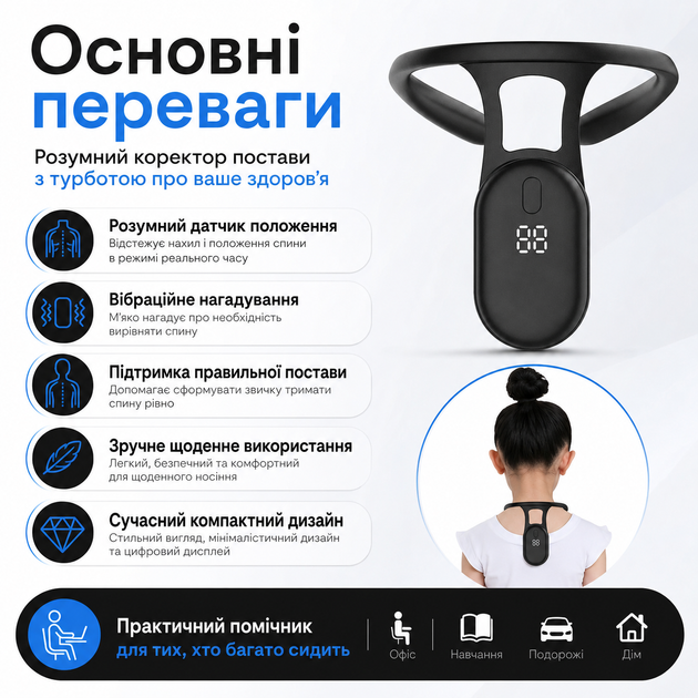 Коректор постави для здоров'я спини Posture training device Розумний коректор постави для моніторингу постави USB Чорний - зображення 5