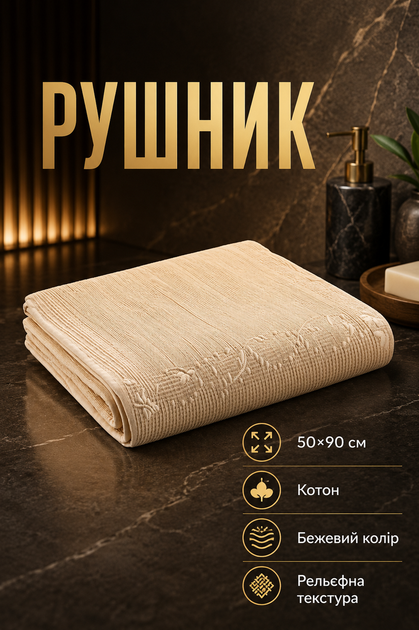 Полотенце для ванной хлопковое 50х90 см универсальное бежевое Colorful Home PS-6937 - Фото 1 Полотенце для ванной хлопковое 50х90 см универсальное бежевое Colorful Home PS-6937 - зображення 1