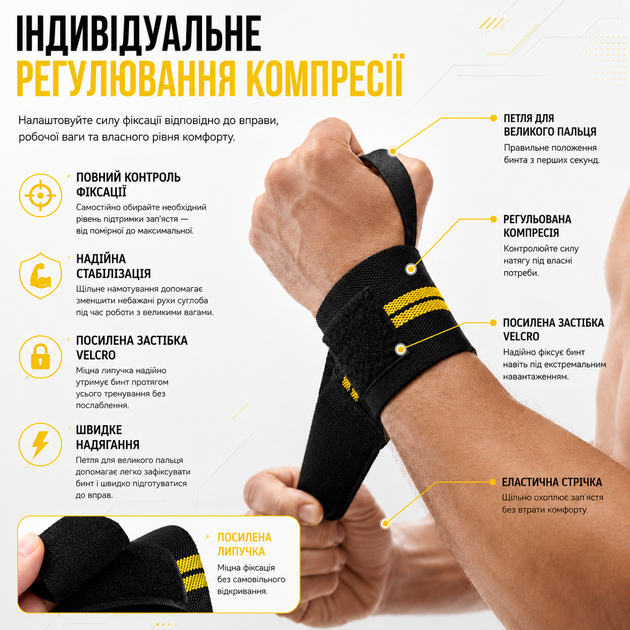 Бинты на запястье Vilico AB136 кистевые, для пауэрлифтинга, бодибилдинга и силовых тренировок, желтые - изображение 3
