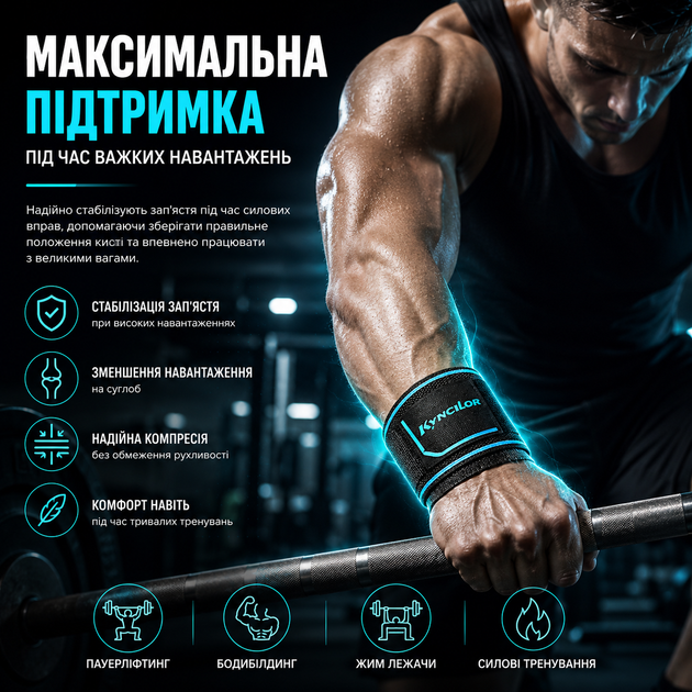 Кистевые бинты Kyncilor 015 для силовых тренировок, пауэрлифтинга и бодибилдинга, на запястье, синие - изображение 3