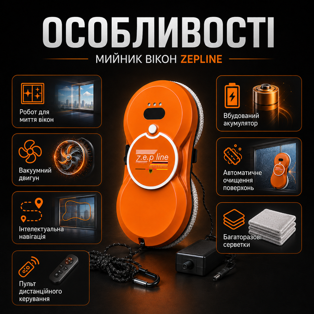 Робот для миття вікон Zepline з вакуумним двигуном 90 Вт, автоматичний мийник для скла, дзеркал, плитки, вітрин і душових перегородок, інтелектуальна навігація, дистанційне керування, страхувальний трос 5 м, кабель 4,5 м - изображение 4